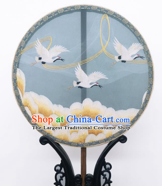 China Ancient Princess Blue Silk Fan Classical Embroidered Cranes Circular Fans Traditional Palace Fan
