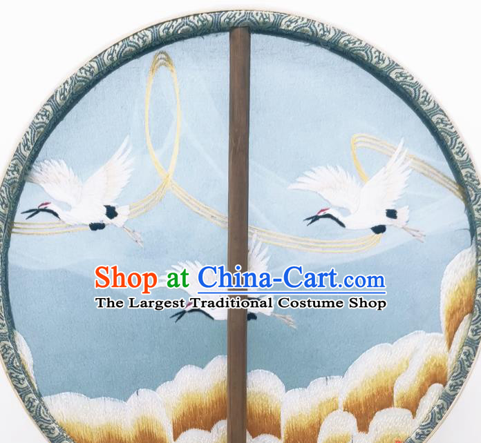 China Ancient Princess Blue Silk Fan Classical Embroidered Cranes Circular Fans Traditional Palace Fan