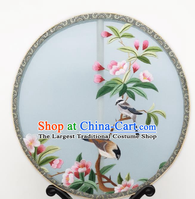 China Classical Embroidered Begonia Circular Fans Traditional Palace Fan Ancient Princess Blue Silk Fan