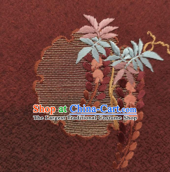 Asian Japan Embroidered Wisteria Brownish Red Brocade Traditional Silk Fabric Japanese Kimono Tapestry Drapery