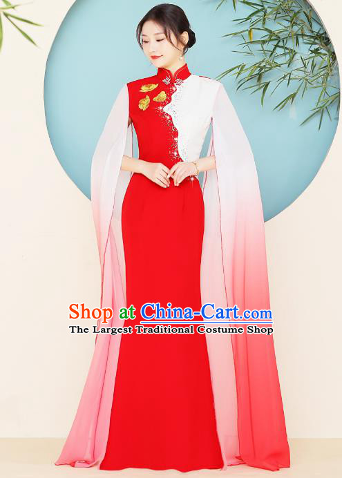 China Zither Stage Show Green Ao Dai Cheongsam Compere Clothing Modern Red Qipao Dress