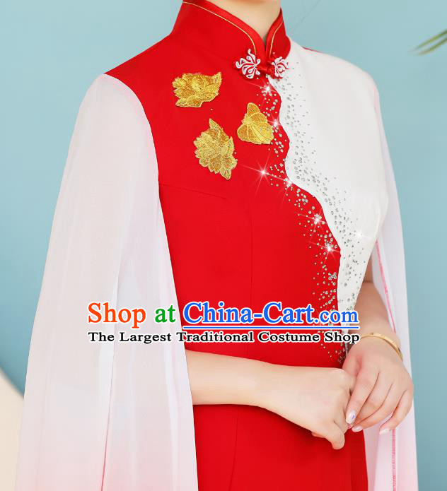 China Zither Stage Show Green Ao Dai Cheongsam Compere Clothing Modern Red Qipao Dress