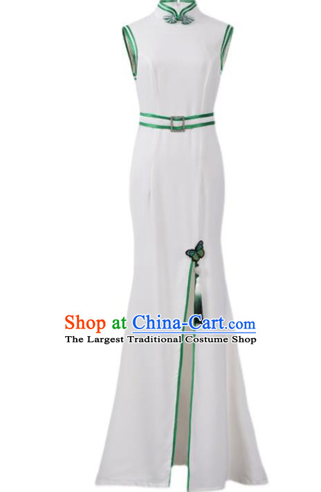 China Stage Show White Cheongsam Party Compere Clothing Modern Dance Qipao Dress