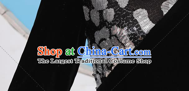 China Catwalks Black Velvet Qipao Dress Party Compere Clothing Stage Show Cheongsam