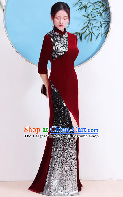 China Party Compere Clothing Stage Show Cheongsam Catwalks Wine Red Velvet Qipao Dress