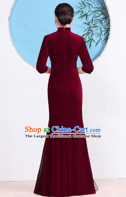 China Party Compere Clothing Stage Show Cheongsam Catwalks Wine Red Velvet Qipao Dress