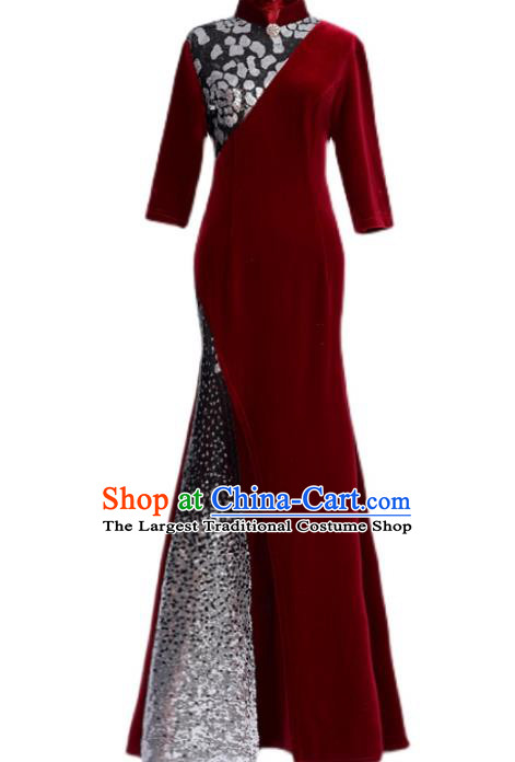 China Party Compere Clothing Stage Show Cheongsam Catwalks Wine Red Velvet Qipao Dress