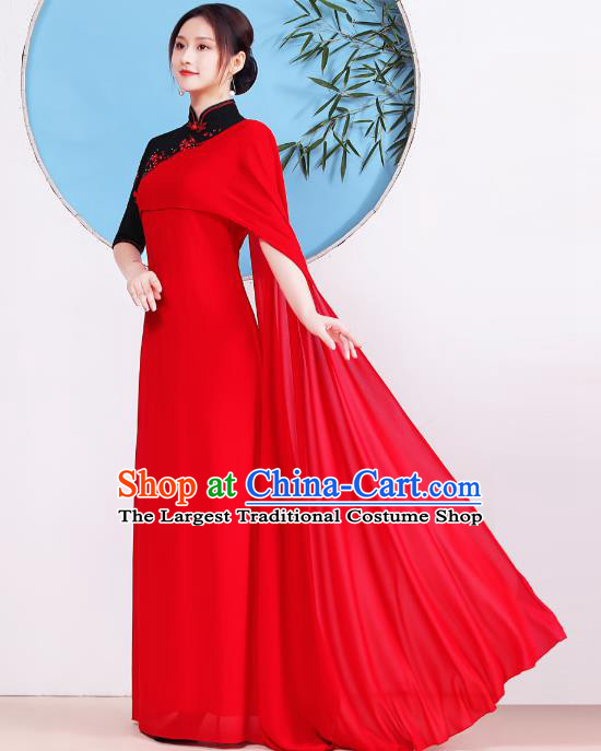 China Catwalks Velvet Qipao Dress Compere Slim Clothing Stage Show Red Shawl Cheongsam