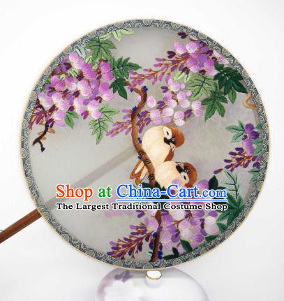 China Classical Dance Silk Circular Fan Traditional Hanfu Palace Fan Suzhou Embroidered Wisteria Bird Fan