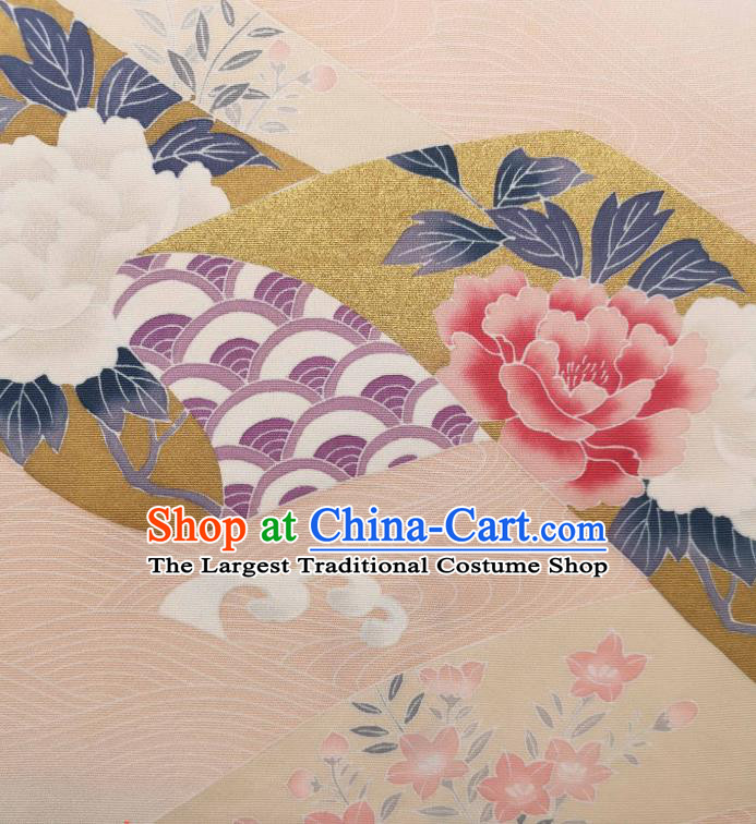 Asian Japan Classical Peony Pattern Beige Brocade Traditional Silk Fabric Japanese Kimono Cloth Drapery