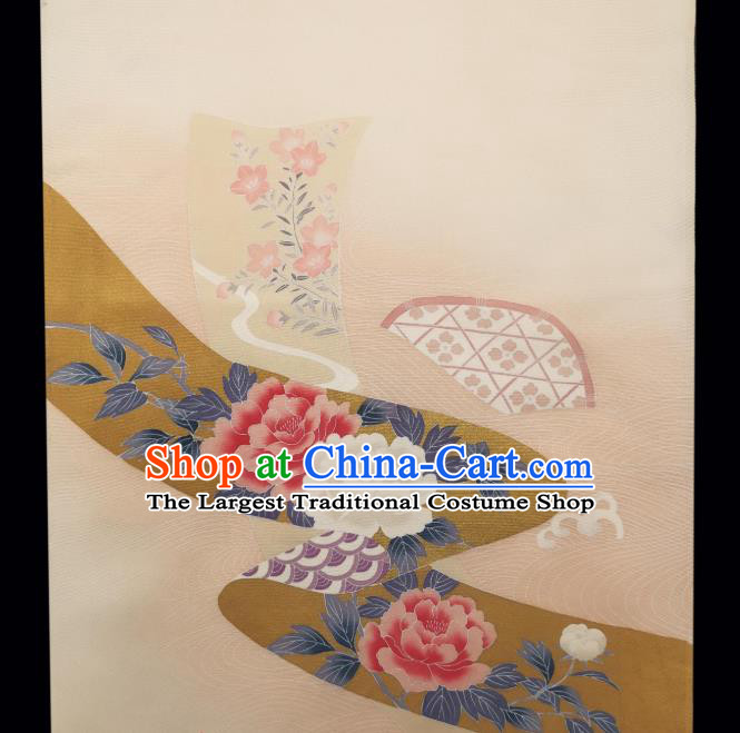 Asian Traditional Silk Fabric Japanese Kimono Cloth Drapery Japan Classical Peony Pattern Beige Brocade