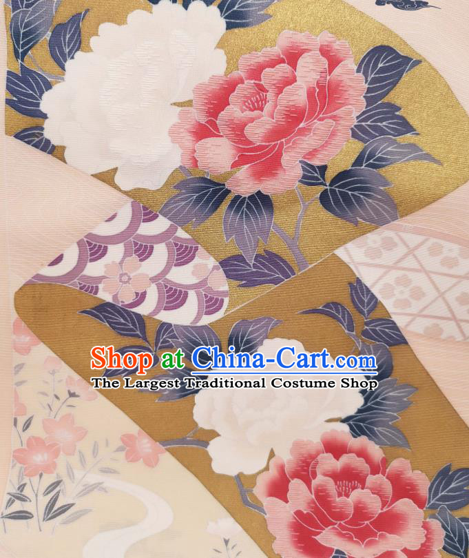 Asian Japanese Kimono Cloth Drapery Japan Classical Peony Pattern Beige Brocade Traditional Silk Fabric