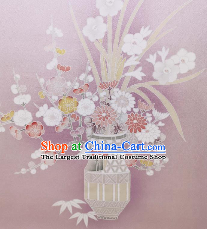Asian Japanese Traditional Kimono Silk Fabric Japan Hand Painting Plum Orchids Chrysanthemum Lilac Brocade