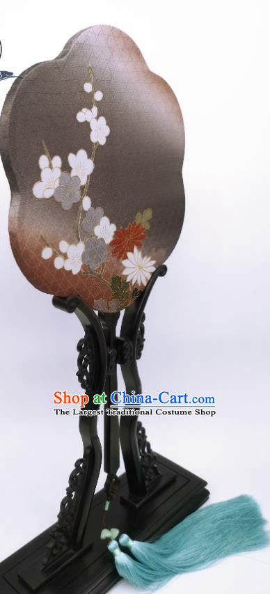 China Traditional Dance Grey Silk Fan Classical Hanfu Fans Hand Painting Plum Blossom Palace Fan