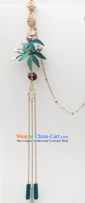 China Traditional Cheongsam Brooch Accessories Handmade Blue Silk Bamboo Leaf Lappet Pendant