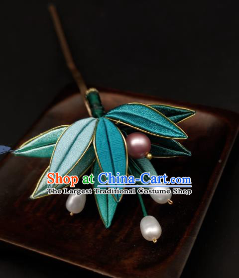 Chinese Traditional Hanfu Hairpin Handmade Ancient Princess Silk Bamboo Leaf Hair Stick