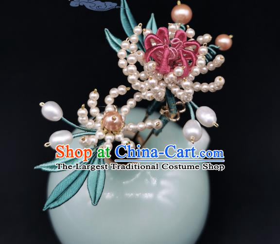 Chinese Traditional Qing Dynasty Pearls Chrysanthemum Hairpin Handmade Ancient Imperial Concubine Hair Stick