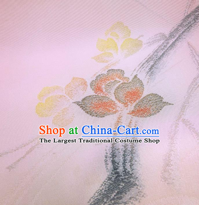 Asian Japanese Yukata Pink Silk Fabric Japan Traditional Kimono Ink Painting Flower Brocade Material