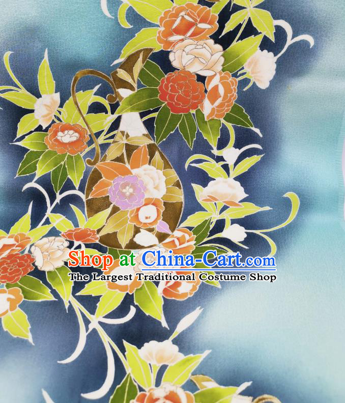 Asian Japan Traditional Kimono Hand Painting Camellia Brocade Material Japanese Yukata Blue Silk Fabric