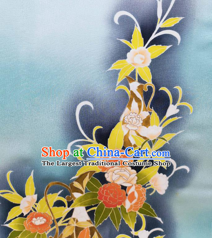 Asian Japan Traditional Kimono Hand Painting Camellia Brocade Material Japanese Yukata Blue Silk Fabric