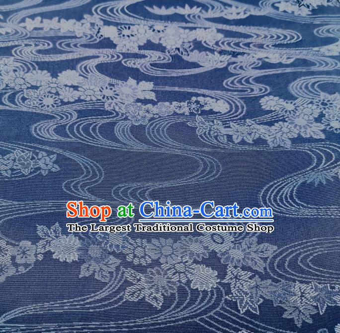 Asian Japan Classical Flow Chrysanthemum Pattern Silk Fabric Traditional Japanese Kimono Navy Brocade Material
