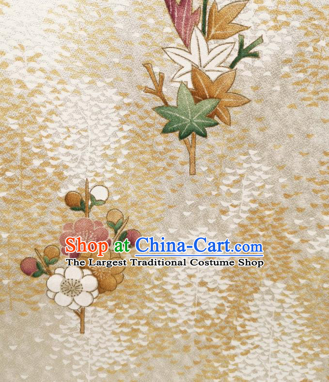 Asian Japanese Yukata Beige Silk Fabric Japan Traditional Kimono Printing Brocade Material