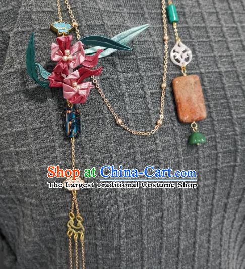 China Traditional Cheongsam Jade Brooch Accessories Handmade Pink Silk Orchids Lappet Pendant