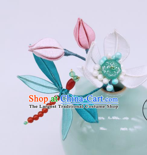 Chinese Handmade Hanfu Hair Accessories Traditional Hair Stick Ancient Princess Silk Lotus Dragonfly Hairpin