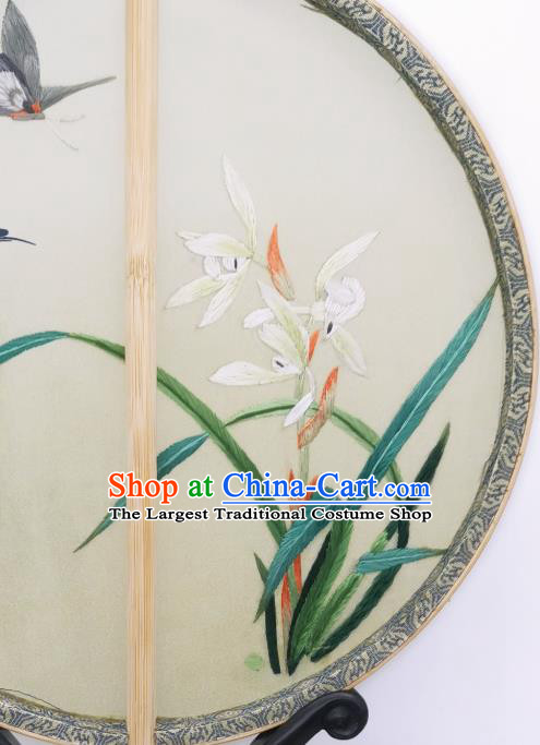 China Classical Embroidered Orchids Circular Fans Ancient Princess Palace Fan Traditional Song Dynasty Light Yellow Silk Fan