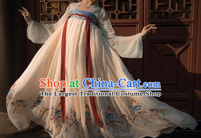 China Ancient Goddess White Hanfu Dress Traditional Tang Dynasty Embroidered Historical Clothing for Court Beauty