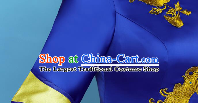 China Catwalks Royalblue Satin Qipao Dress Classical Dance Clothing Stage Performance Embroidery Golden Phoenix Cheongsam