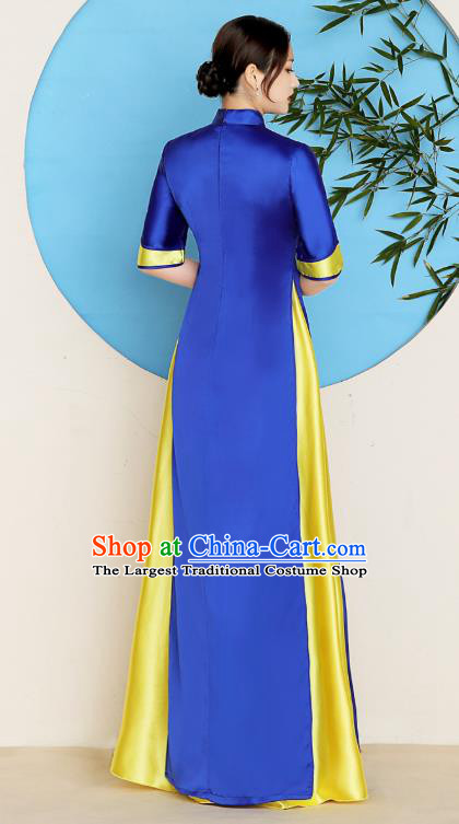 China Catwalks Royalblue Satin Qipao Dress Classical Dance Clothing Stage Performance Embroidery Golden Phoenix Cheongsam
