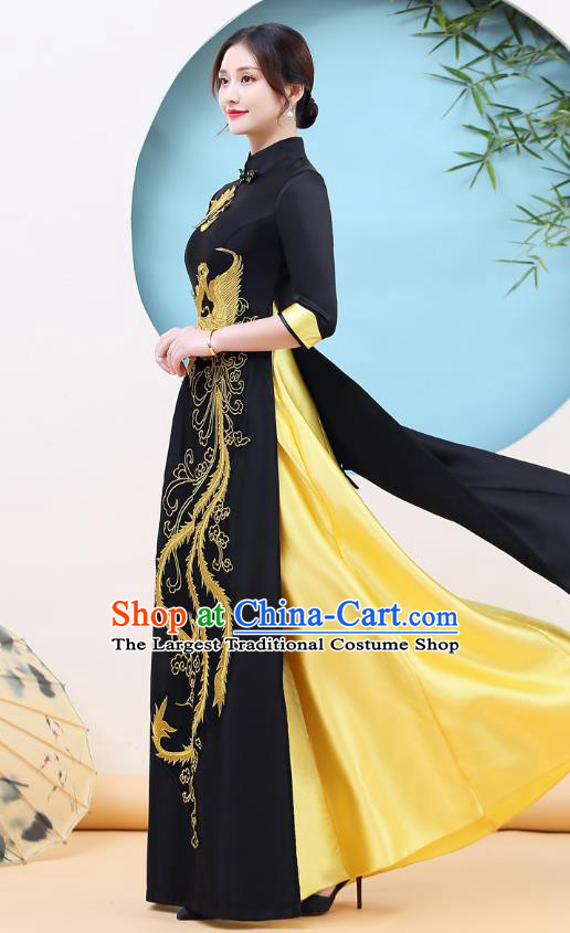 China Stage Performance Embroidery Golden Phoenix Cheongsam Catwalks Black Satin Qipao Dress Mother Clothing