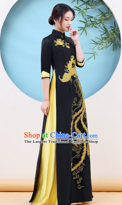 China Stage Performance Embroidery Golden Phoenix Cheongsam Catwalks Black Satin Qipao Dress Mother Clothing