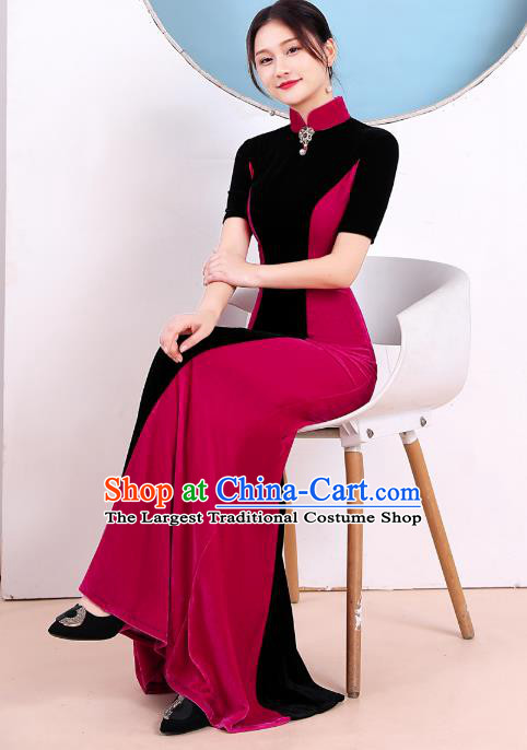 China Stage Show Rosy Velvet Cheongsam Catwalks Qipao Dress Modern Dance Fishtail Clothing