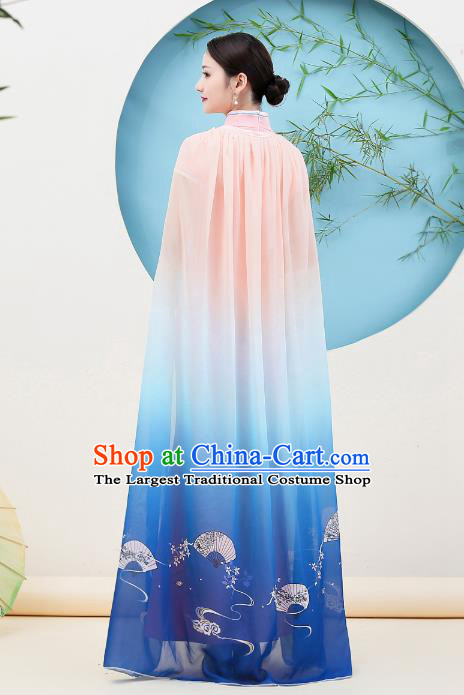 China Woman Blue Cape Clothing Stage Performance Cheongsam Catwalks Fishtail Pink Qipao Dress