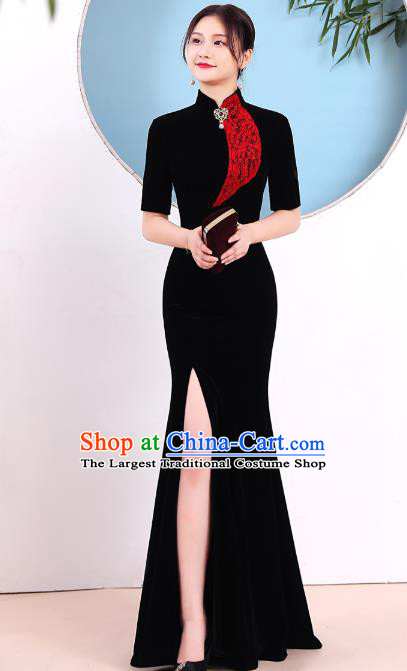China Catwalks Fishtail Qipao Dress Modern Dance Clothing Stage Performance Black Velvet Cheongsam