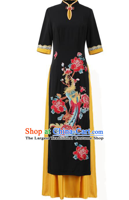 China Catwalks Ao Dai Qipao Dress Modern Dance Clothing Stage Performance Embroidery Phoenix Peony Black Cheongsam