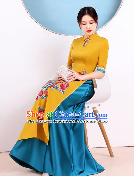China Modern Dance Clothing Stage Performance Embroidery Phoenix Peony Yellow Cheongsam Catwalks Ao Dai Qipao Dress