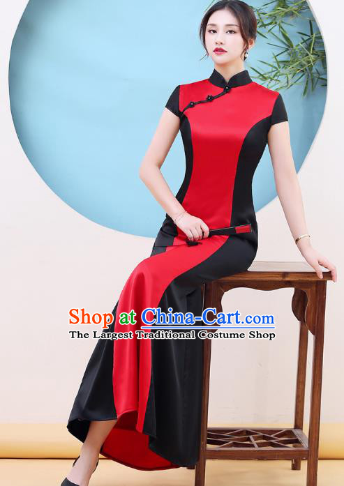 China Woman Chorus Clothing Catwalks Red Qipao Dress Stage Performance Fishtail Cheongsam