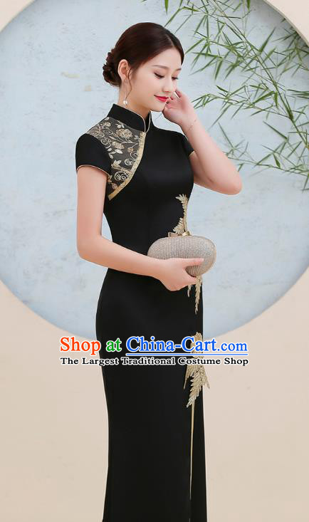 China Stage Show Black Satin White Cheongsam Woman Annual Meeting Dress Clothing Catwalks Fishtail Qipao