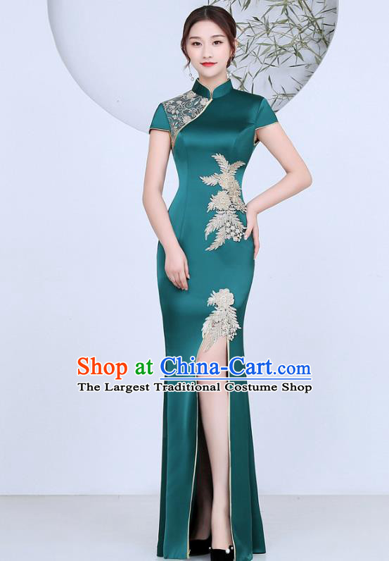 China Stage Show Fishtail Cheongsam Woman Annual Meeting Dress Clothing Catwalks Green Satin Qipao