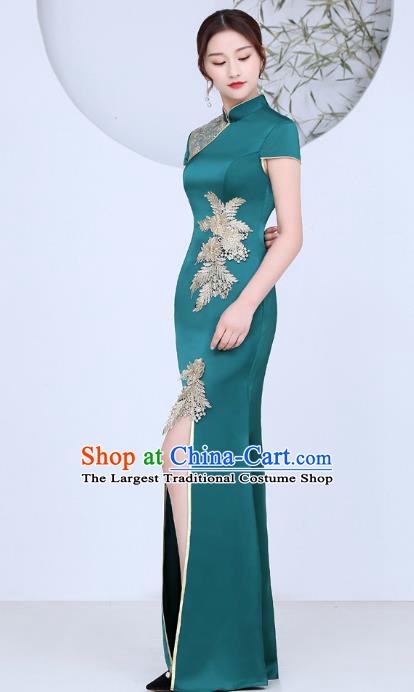 China Stage Show Fishtail Cheongsam Woman Annual Meeting Dress Clothing Catwalks Green Satin Qipao