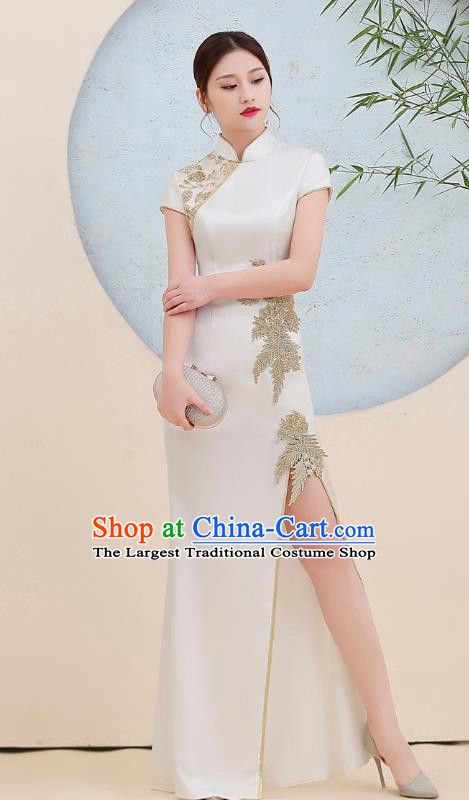 China Catwalks White Satin Qipao Dress Stage Show Fishtail Cheongsam Woman Annual Meeting Clothing