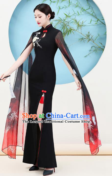 China Woman Water Sleeve Clothing Catwalks Embroidery Black Qipao Dress Stage Show Cheongsam