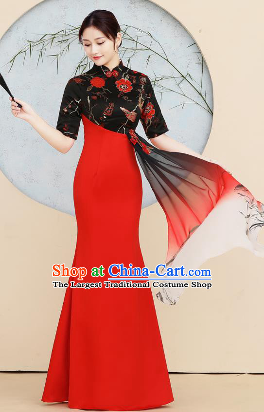 China Stage Show Middle Sleeve Cheongsam Mother Chorus Clothing Catwalks Red Qipao Dress