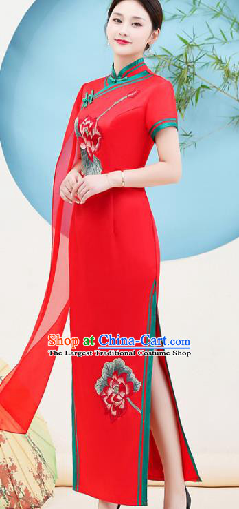 China Catwalks Red Qipao Dress Stage Show Printing Lotus Cheongsam Miss Etiquette Clothing