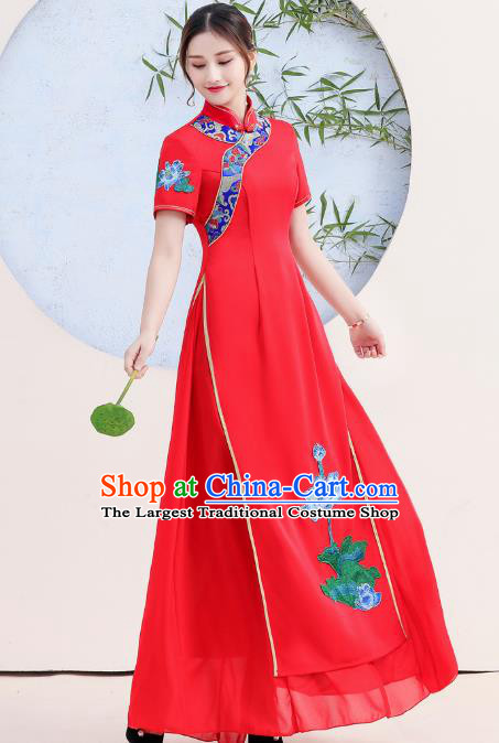 China Stage Show Clothing Woman Catwalks Qipao Dress Embroidery Lotus Red Cheongsam