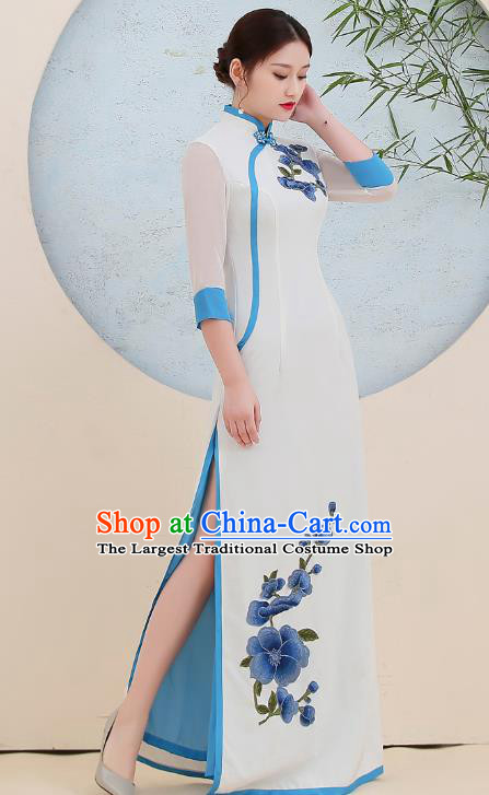 China Stage Show Clothing Woman Classical Dance Qipao Dress Embroidery Blue Flowers Cheongsam