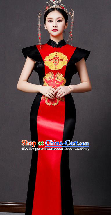 China Catwalks Show Cheongsam Stage Performance Clothing Bride Fishtail Qipao Dress